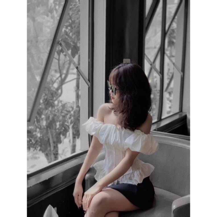 [NEW] Set Áo Sơ Mi Trễ Vai chiết eo Quần Đùi Quần Sooc đen