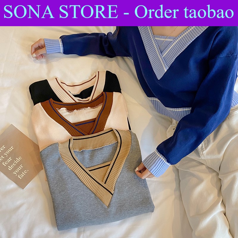 Áo len croptop tay dài, Áo len cổ chữ v, Hàng quảng châu cao cấp, SONA STORE