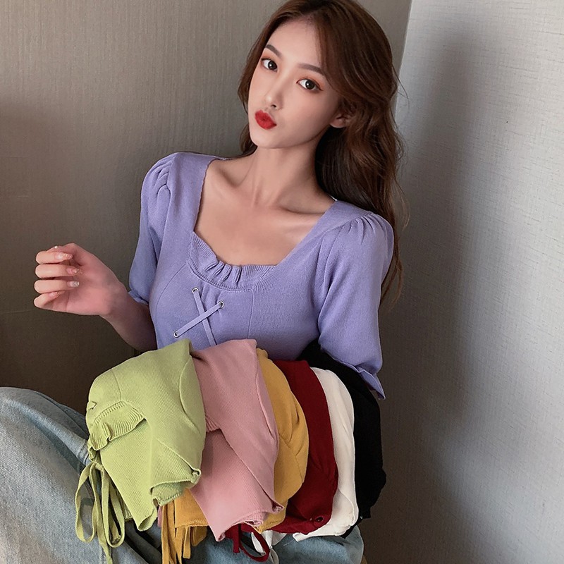 Áo Dệt Kim Tay Ngắn Cổ Chữ U Màu Trơn Đơn Giản Dễ Phối Đồ Cho Nữ