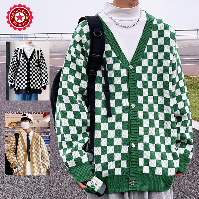 Áo khoác cardigan dệt kim cổ V phối nút in sọc caro phong cách thu đông thời trang Hàn Quốc năng động cho nam nữ