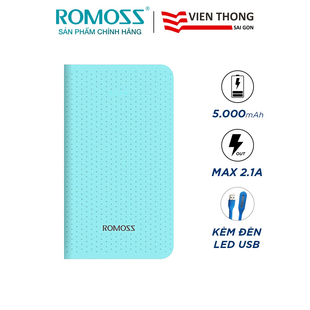 Pin sạc dự phòng Romoss Sense mini 5.000mAh hỗ trợ sạc nhanh 2.1A (Xanh) tặng Đèn LED cổng USB