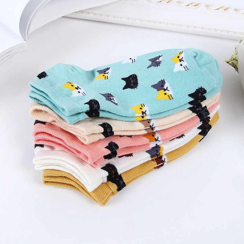 Set 5 đôi tất cotton cổ thấp in hình mèo dễ thương cho nữ