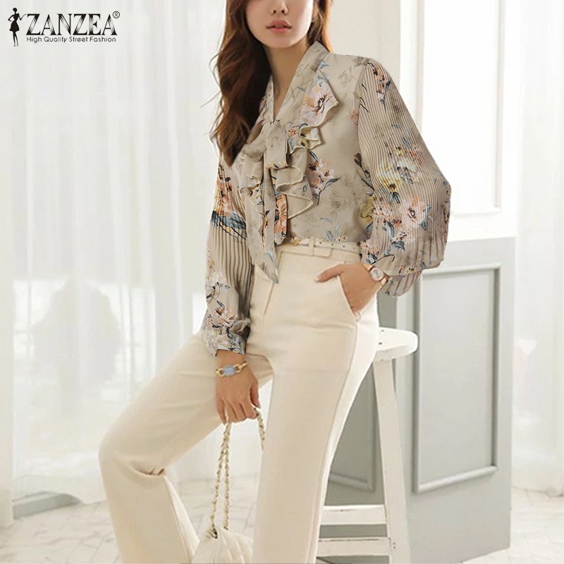 Áo kiểu ZANZEA tay dài xếp ly cổ V phối dây buộc in họa tiết hoa phong cách retro thời trang cho nữ
