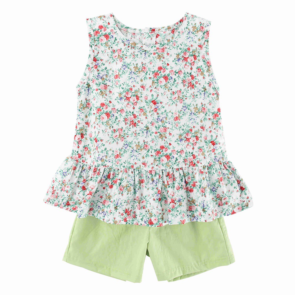 Set quần áo Sanlutoz gồm áo thun cotton không tay in hình hoa nhỏ và quần short thời trang cho bé gái