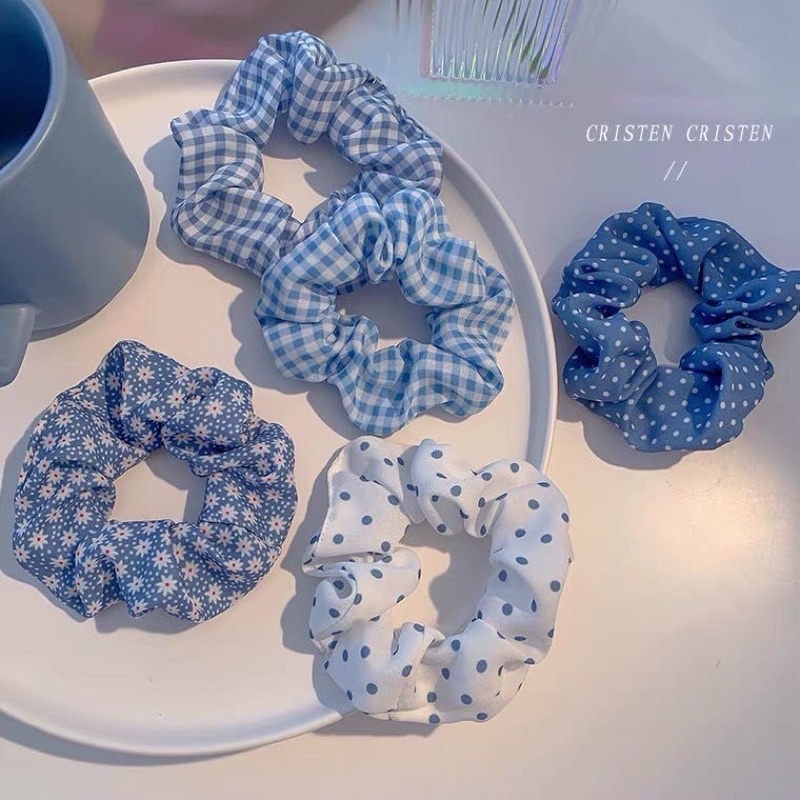 Set 5 dây buộc tóc scrunchies màu xanh dương hoạ tiết caro/chấm bi cho nữ