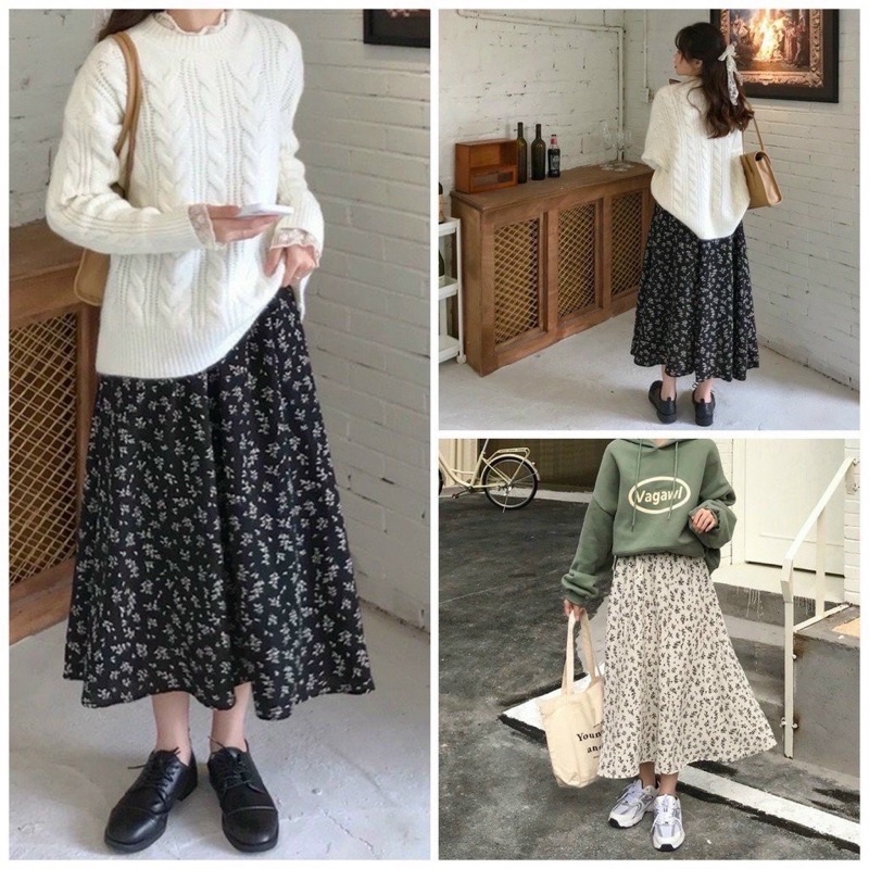 Chân váy hoa nhí dài midi dáng xoè Hàn Quốc, Chân váy hoa dáng dài nhiều màu ulzzang đẹp