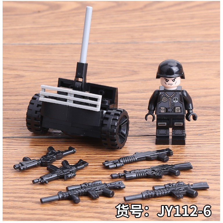 Đồ chơi lắp ráp xếp hình logo Army Swat xếp hình Xe Jeep cùng 8 nhân vật police và phụ kiện như hình JY112