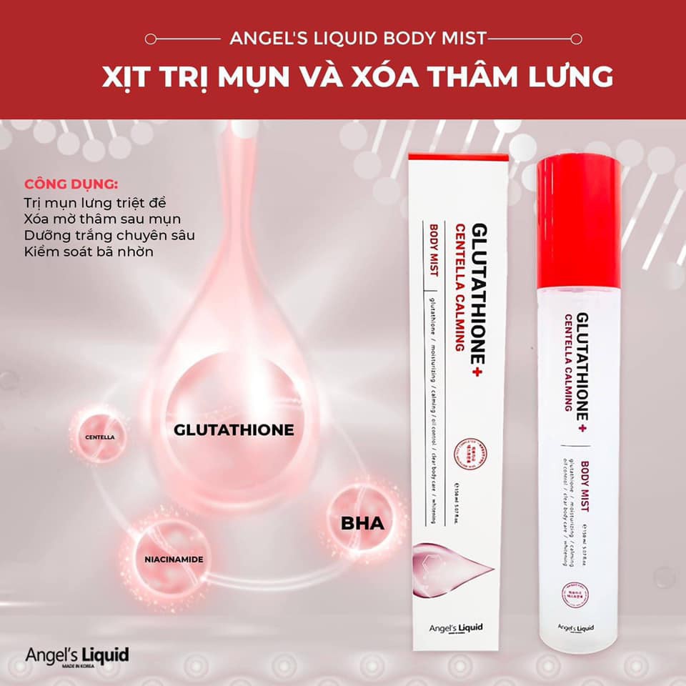 Xịt Body Giảm Mụn Lưng Thâm Mụn Angel's Liquid Glutathione+ Centella Calming Body Mist 150ml