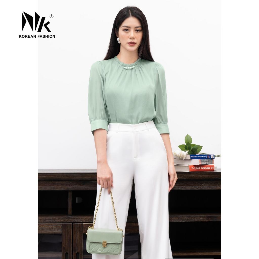Áo Sơ Mi Tay Lỡ Công Sở Nữ NK Fashion Cổ Đính Ngọc Điệu Đà, Vải Nhập Hàn Cao Cấp Mềm Mại NKSM2202003