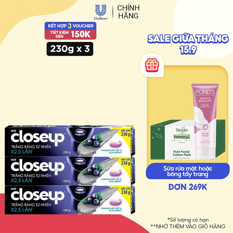 Combo 3 Kem Đánh Răng Closeup Trắng Răng Tự Nhiên X2.5 Lần Với Khoáng Đất Sét Và Acai Berry 230G/Tuýp