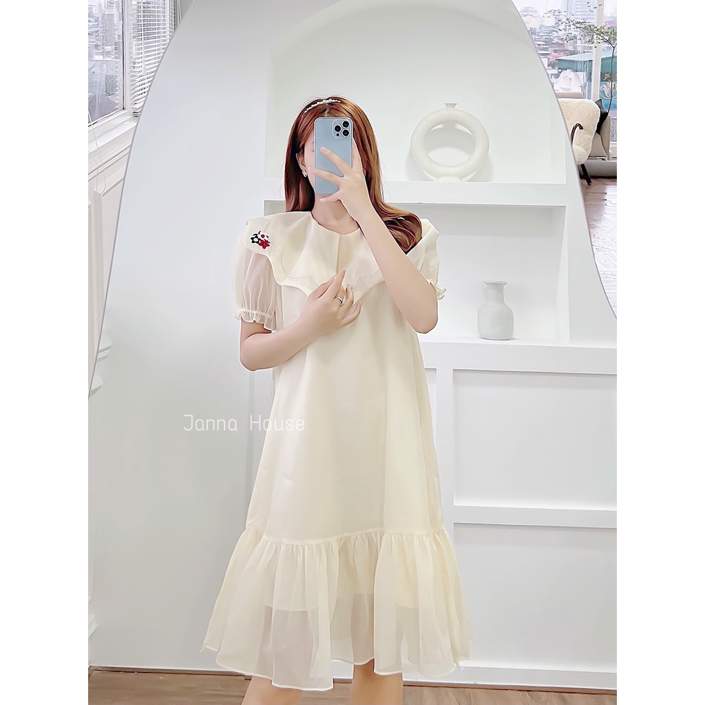 - Váy xòe tay bồng voan tơ vai có hoa thêu  tiểu thư ulzzang - M54 - jannahouse