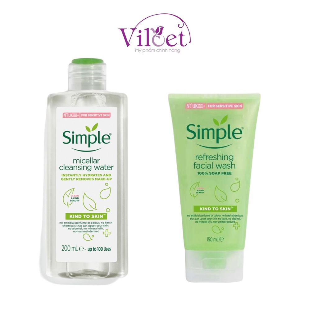 Nước tẩy trang Simple mặt mắt môi &amp; sữa rửa mặt gel tạo bọt dịu nhẹ da dầu - Shop Viloet