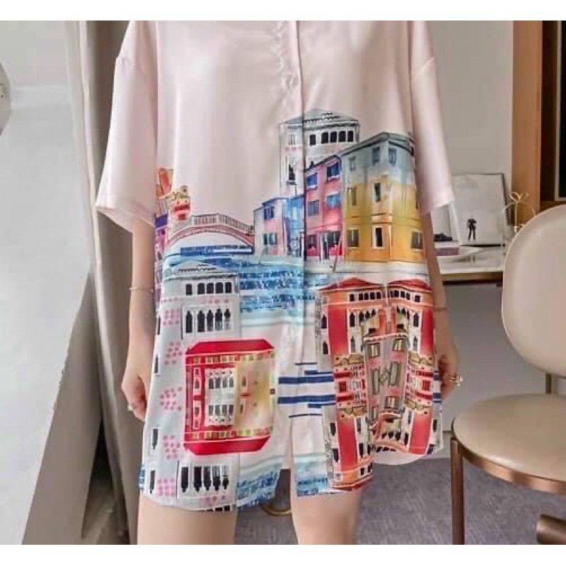 Váy ngủ sơ mi công chúa bánh bèo hình chú voi con lụa satin cao cấp quảng châu