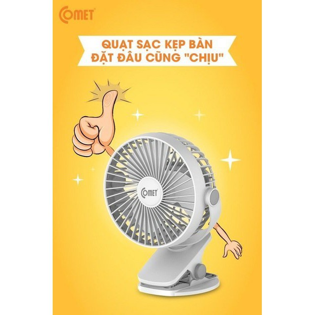 Quạt sạc COMET CRF0705 CHÍNH HÃNG mini kẹp bàn chạy 5 GIỜ-BẢO HÀNH 12 THÁNG