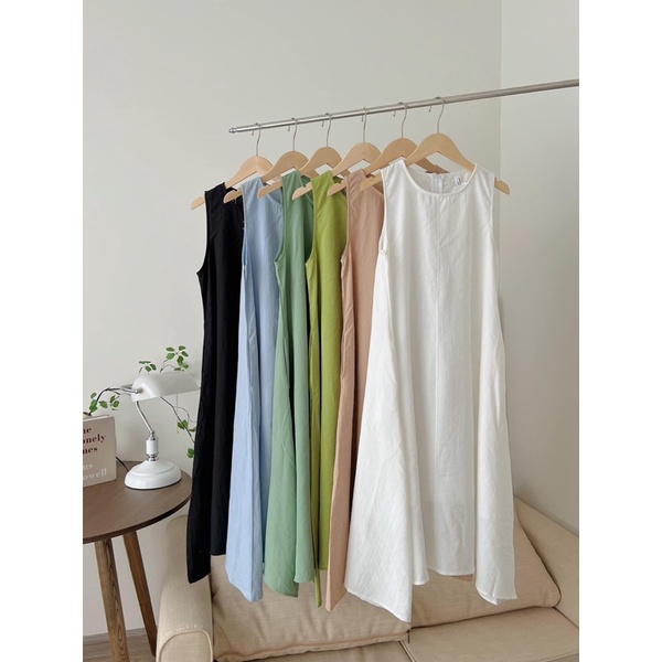 Váy hai dây nhún ngực chun sau lưng Đầm nữ tiểu thư dáng dài qua gối