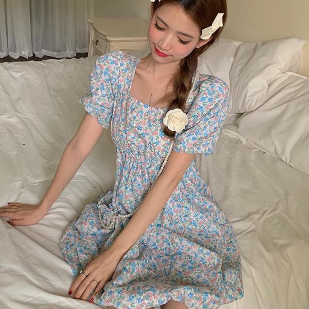 Đầm Dáng Chữ a Tay Phồng Cổ Vuông In Họa Tiết Hoa Phong Cách Pháp Thời Trang Mùa Hè Mới