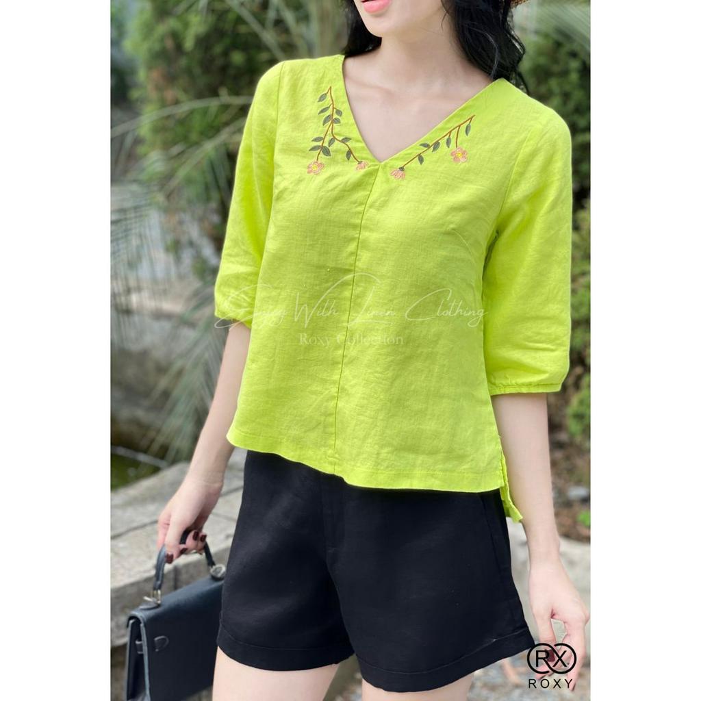 Áo Kiểu ROXY Dáng Tay Lửng Phối Cổ Chữ V Thêu Hoa 7013