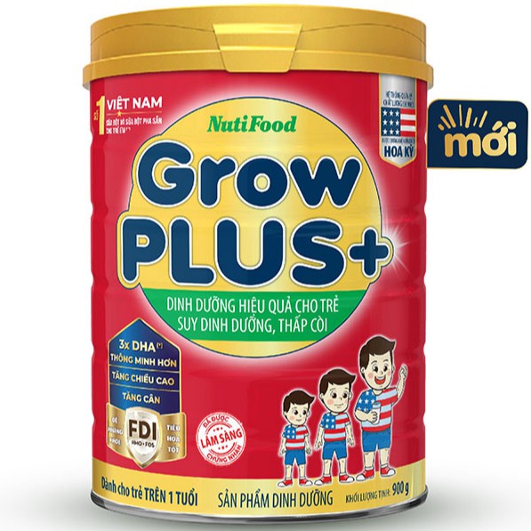 Sữa Grow Plus+ đỏ⚡Nutifood⚡Sữa bột lon thiếc 900g - Hiệu quả cho trẻ suy dinh dưỡng, thấp còi