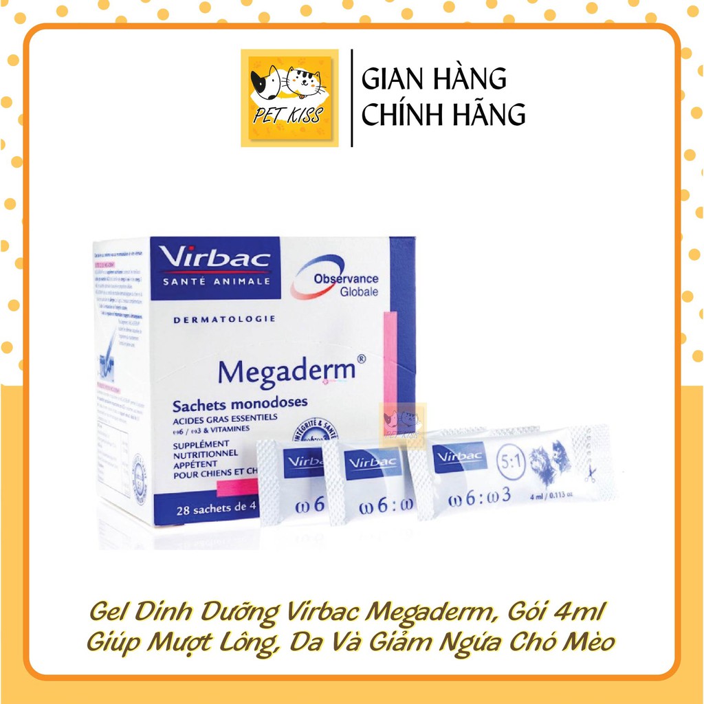 Gói Gel dinh dưỡng Virbac Megaderm, Gói 4ml giúp mượt lông, da và giảm ngứa cho Chó Mèo