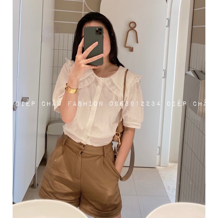 Áo Sơ Mi Trắng Babydoll Cổ Nhọn Phối Bèo Viền Ren Tiểu Thư Hàn Quốc