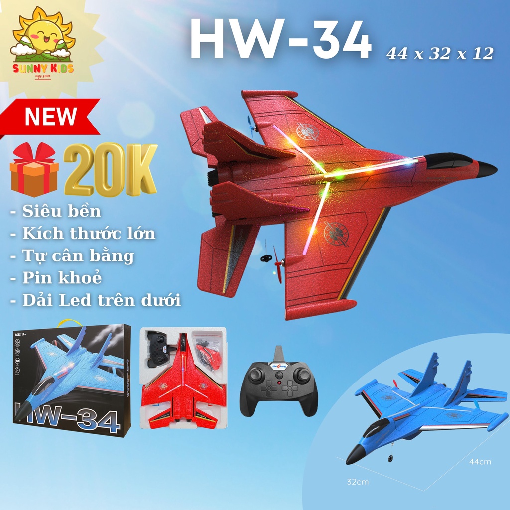 Đồ chơi Máy bay xốp điều khiển từ xa HW-34, kích thước lớn, vật liệu nhẹ, siêu bền, tầm bay 100m, PIN 20p - Sunny Kids