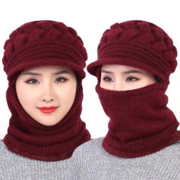 Mũ len nữ kèm khăn quàng che mặt mùa đông ấm tiện dụng mũ len trung niêncho mẹ mũ len trùm đầu thời trang nữ