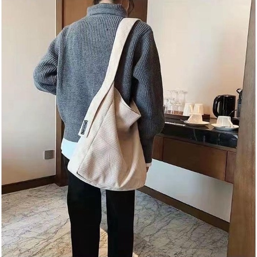 Túi tote nhung gân đeo vai đeo chéo to đựng vừa sách vở khổ A4 hai màu hồng da