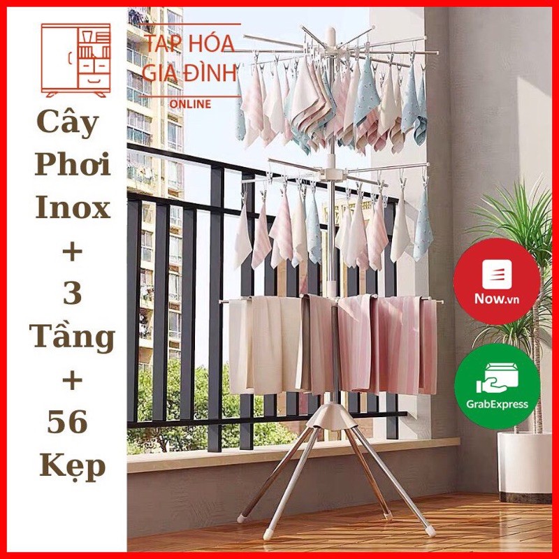 Cây phơi đồ đa năng inox 3 tầng cao cấp (2 tầng móc kẹp, 1 tầng thanh phơi)