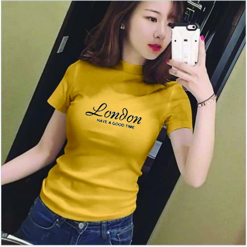Áo Thun Cổ Lọ Nữ Tay Ngắn In Chữ London Thiết Kế Áo Cổ Cao Phom Ôm Body Chất Vải Co Giãn Giá Rẻ