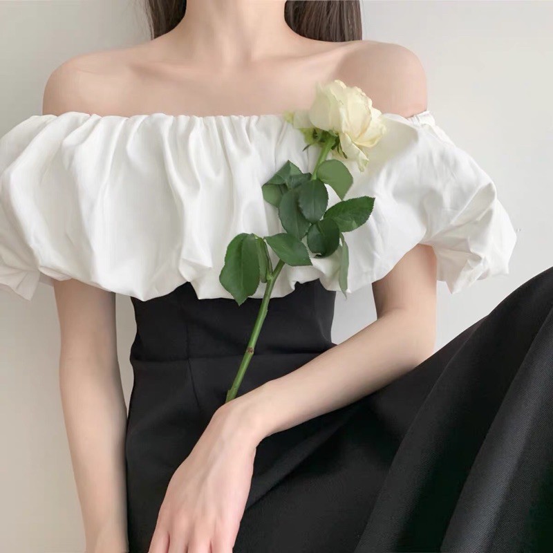 [Siêu Hot] [222] Váy Nữ Trễ Vai Bèo Trắng , Đầm Nữ Bẹt Vai Đen Phối Trắng Dáng Xoè Siêu Xinh Có Ảnh Thật Kèm Video