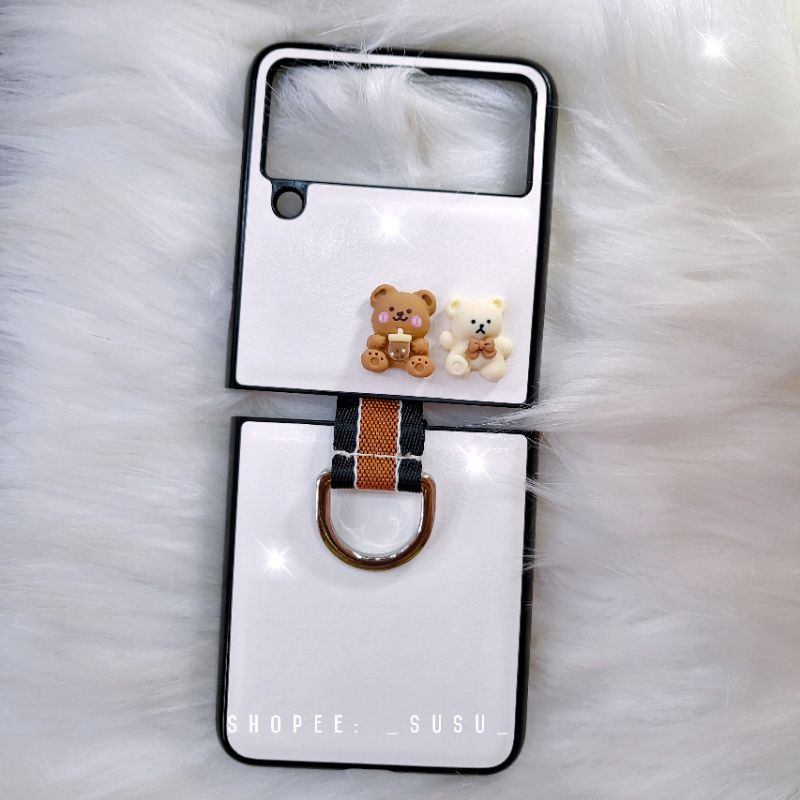 Ốp Samsung Z Flip 4 - Z Flip 3 - Z Flip3 - Flip4 5G vân da trắng charm dễ thương cute có khóa đeo tay