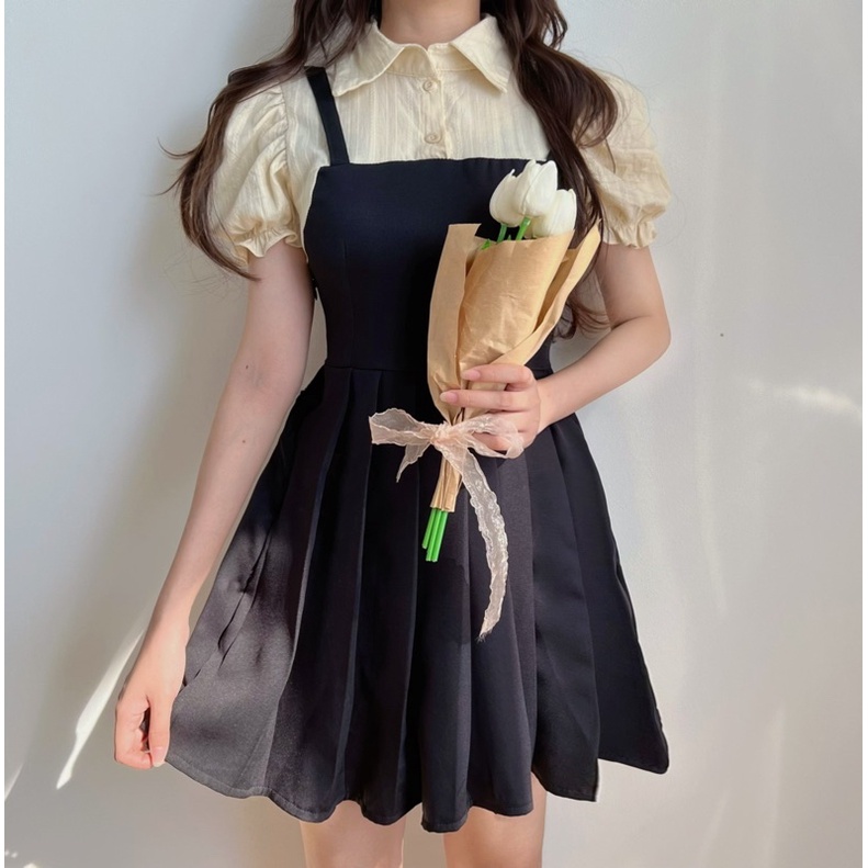Váy sơ mi liền thân dáng xoè xếp ly phong cách Hàn Quốc thời trang nữ mùa hè