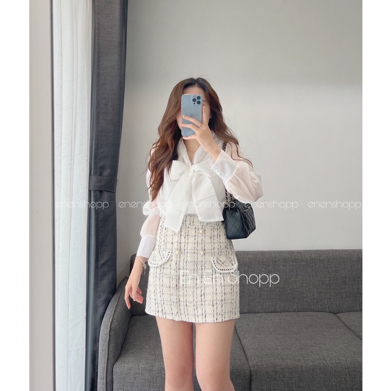 Áo organza cổ nơ