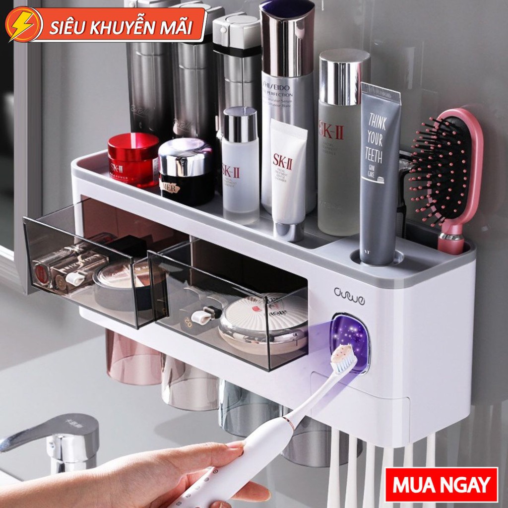 KỆ NHÀ TẮM DÁN TƯỜNG THÔNG MINH TẶNG KÈM CỐC HÚT TỪ TÍNH TRONG SUỐT. BỘ NHẢ KEM ĐÁNH RĂNG TỰ ĐỘNG - A1910