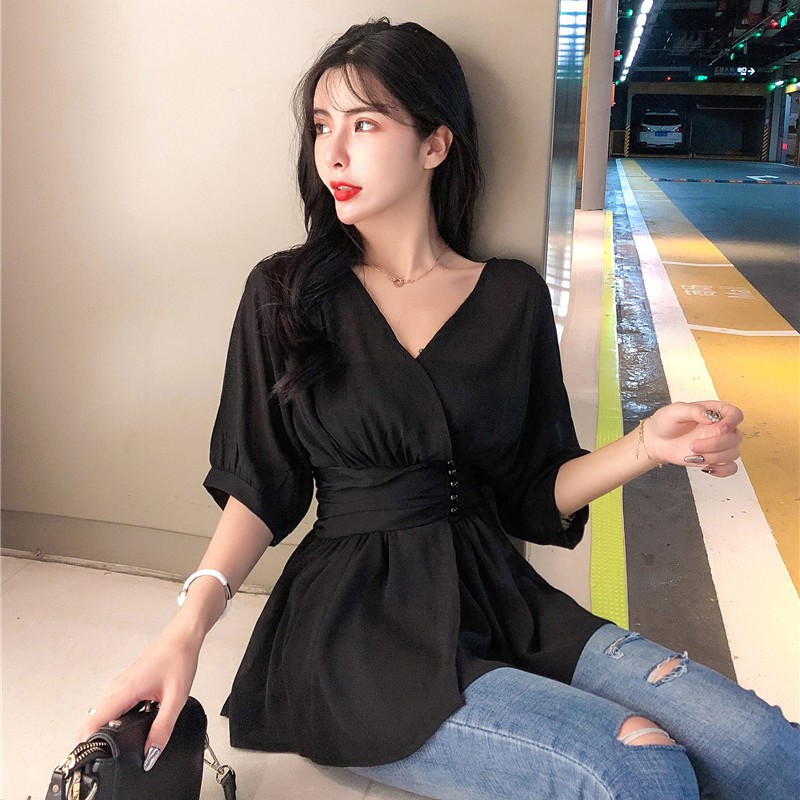 Áo kiểu chiffon tay ngắn thiết kế cổ chữ V nữ tính thời trang