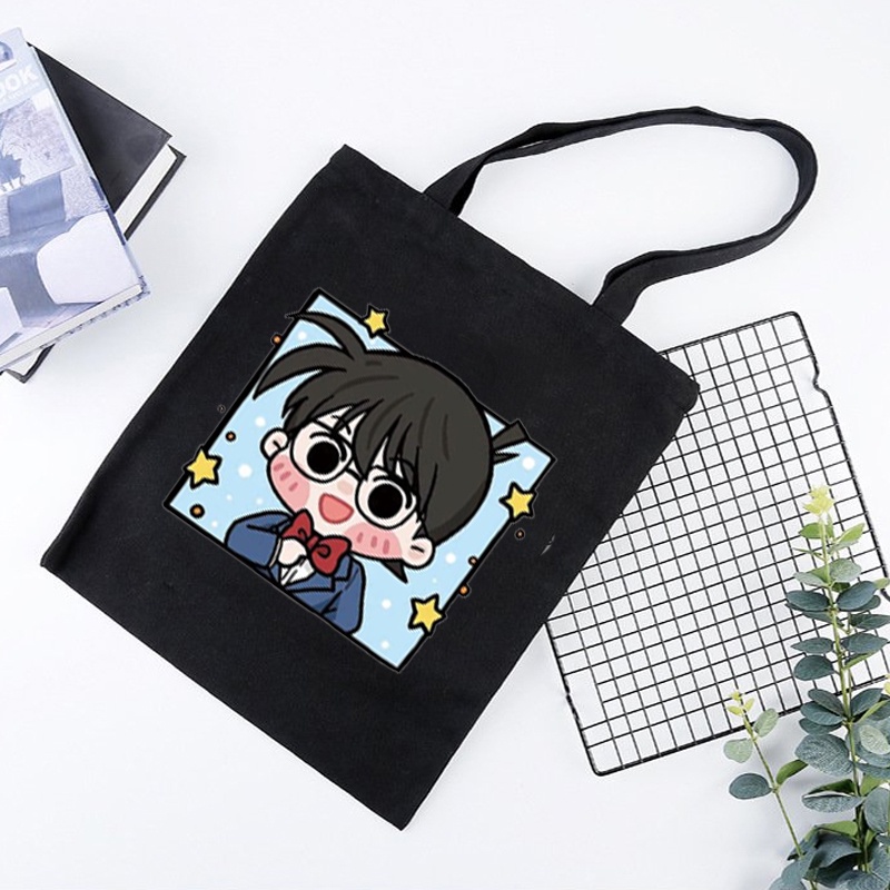 Túi tote vải đen trắng in hình CONAN KAITO KID Thám tử lừng danh anime chibi dễ thương