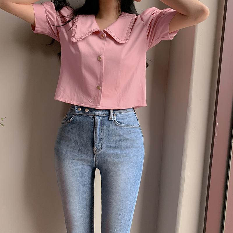 Ruffle collar puff sleeves shirt blouse woman top 34077