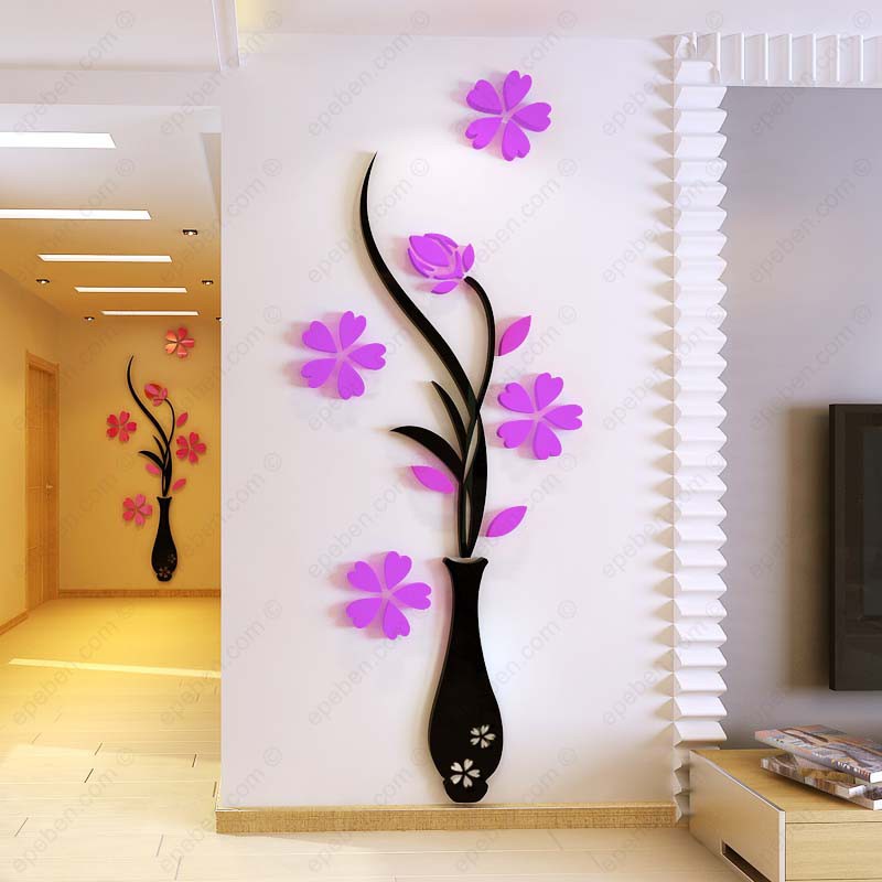 Tranh dán tường mica 3d decor khổ lớn bình hoa mận nở trang trí phòng khách, phòng ngủ, phòng cưới Nhiều Size - EPeBen