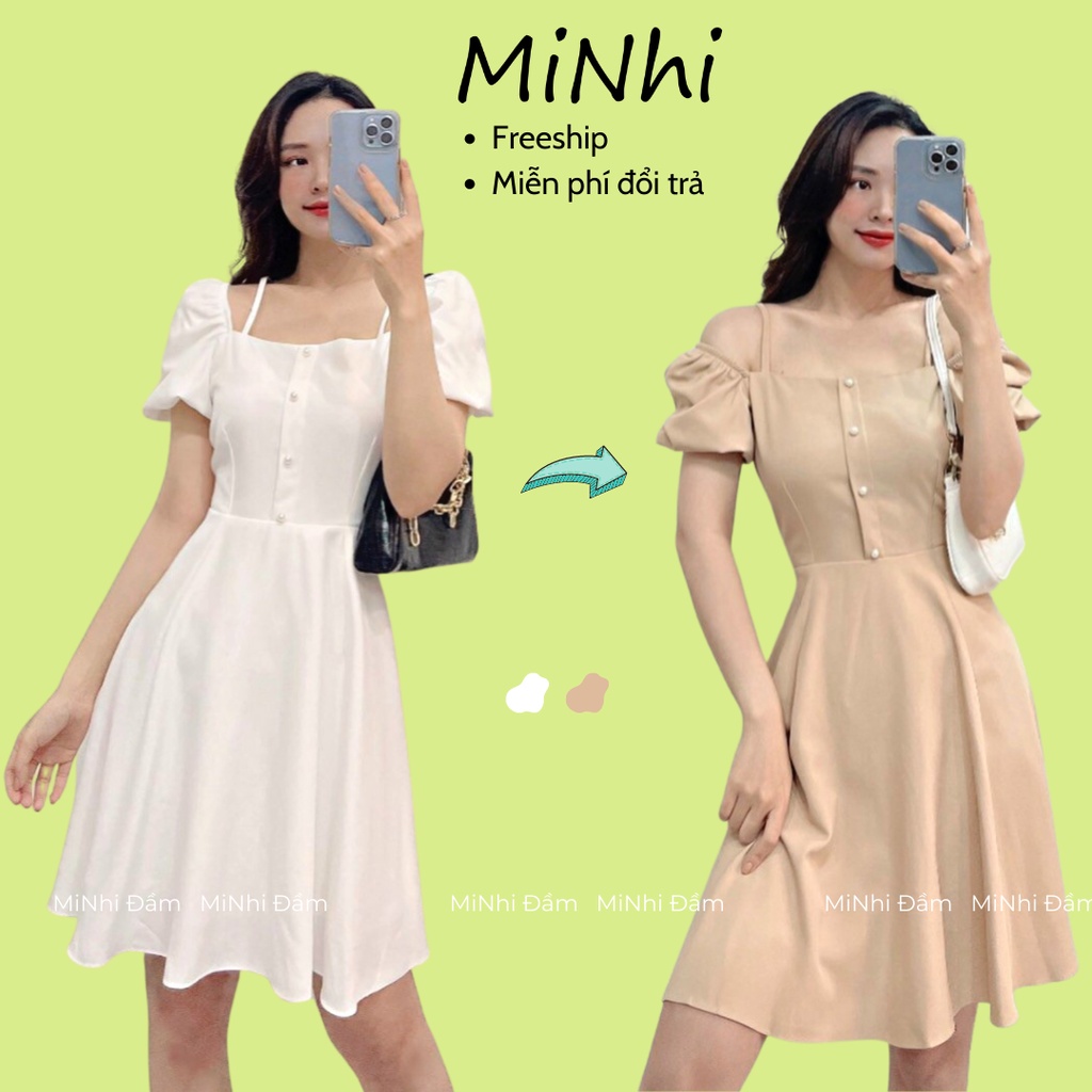 Đầm cổ vuông dự tiệc, Đầm trễ vai 2 dây Cao Cấp màu trắng, nude dáng xòe đính khuy, nữ tính quyến rũ - MiNhi