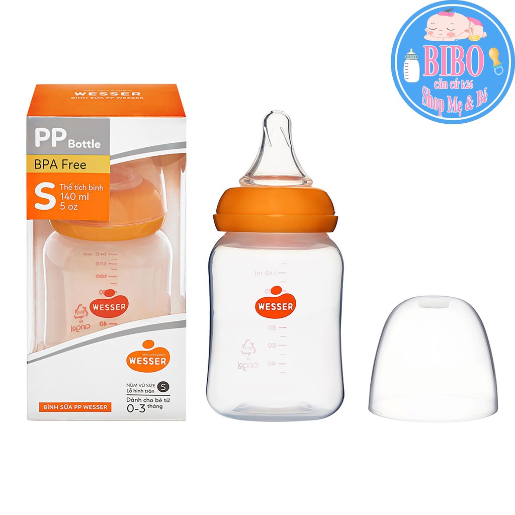 Bình Sữa Wesser Nhựa PP Cổ Nhỏ 140 ml, Bình Sữa Cho Bé Bú