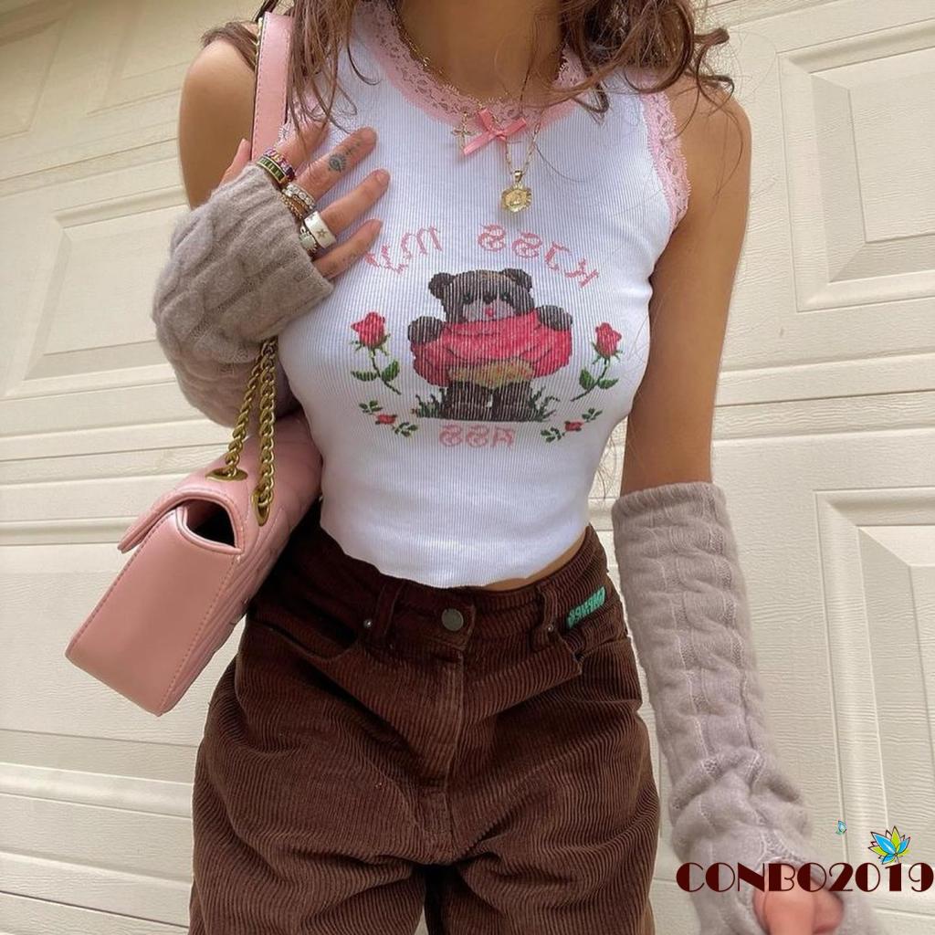 Áo Tank Top Không Tay Cổ Tròn Phối Ren Họa Tiết Gấu Hoạt Hình Thời Trang Mùa Hè Cho Nữ