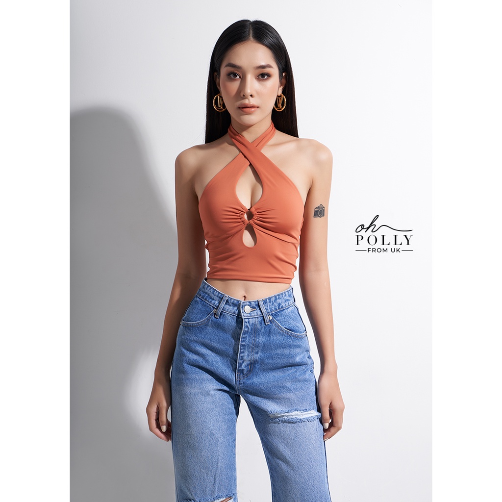 Oh Polly - Áo croptop sexy gợi cảm quyến rũ, áo nữ khoét ngực cổ yếm sang chảnh