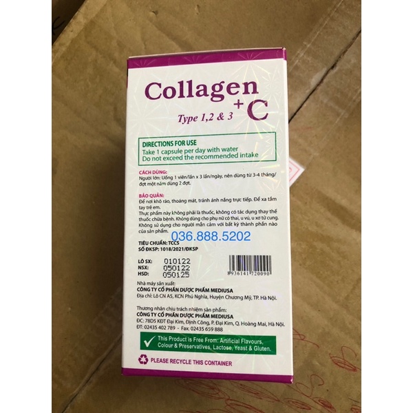 [ Mẫu mới ] Viên uống COLLAGEN +C tupe 1 2 &amp; 3 hỗ trợ làm đẹp da, sáng da, trắng sáng da - Hộp 60 viên