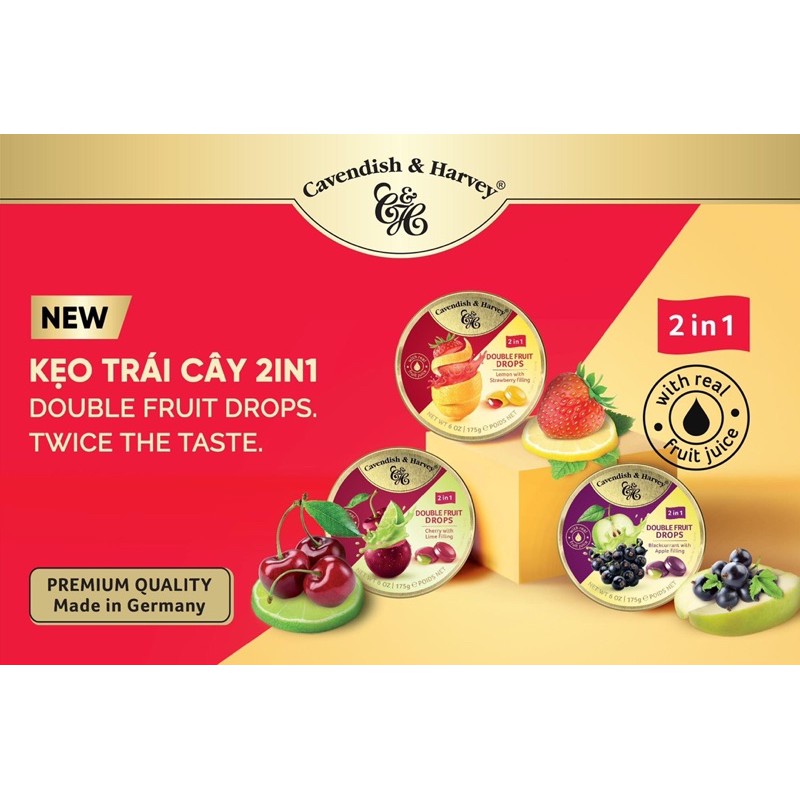 Kẹo trái cây hộp thiếc Đức Cavendish & Harvey double fruit 2 vị