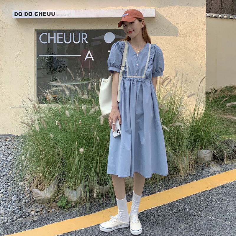 Đầm cổ chữ V nhún bèo họa tiết hoa nhí xinh xắn phong cách Pháp thời trang cho nữ