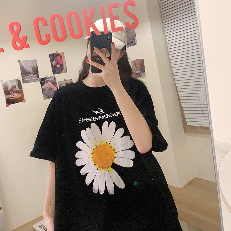 Áo thun áo phông Form rộng tay lỡ in hoa cúc hot 2020 phong cách cá tính 2 màu đen trắng cho nam và nữ AOPH-01
