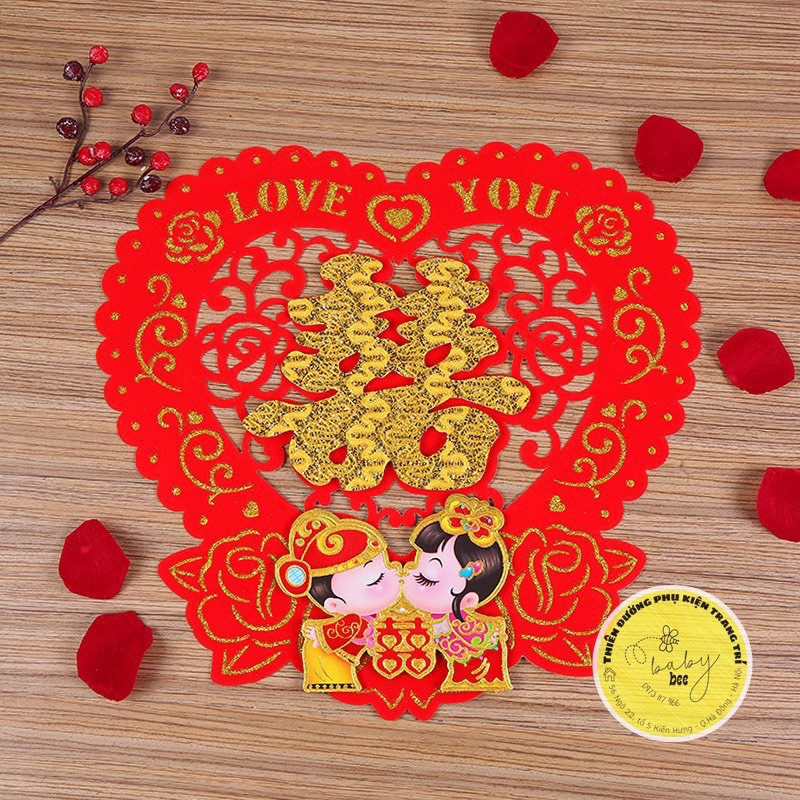 Set 2 chữ hỷ 3D nhung cao cấp trang trí phòng cưới