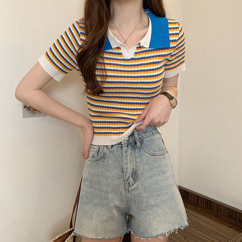 Áo Thun POLO Dệt Kim Tay Ngắn Kẻ Sọc Màu Sắc Tương Phản Dễ Thương