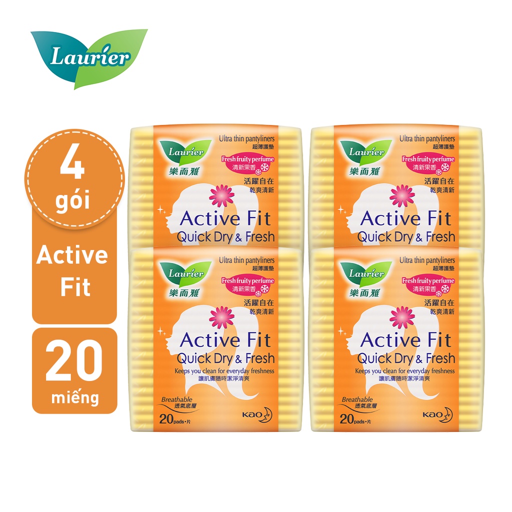 Combo 4 Băng vệ sinh hàng ngày Laurier Active Fit mềm mịn khô thoáng hương trái cây 20 miếng