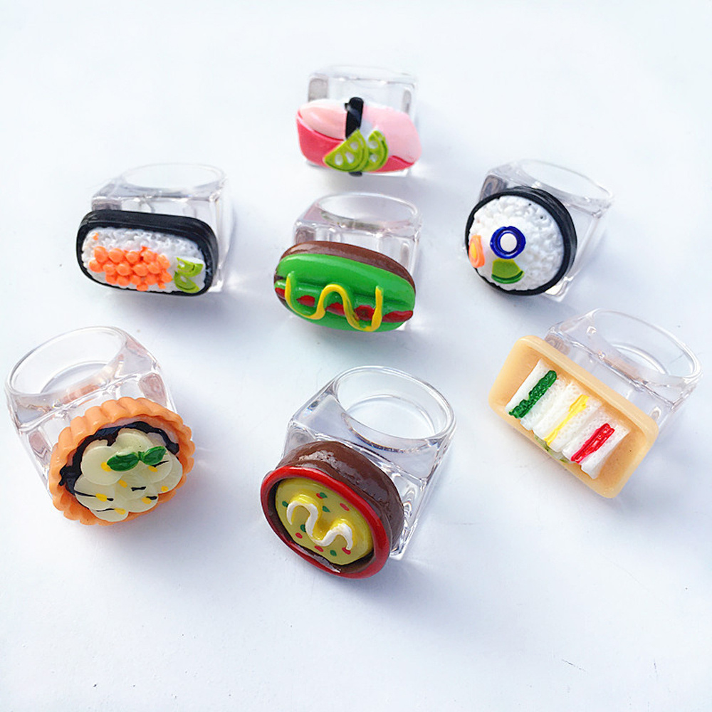 Nhẫn đeo ngón tay resin acrylic trái cây thức ăn sandwich cơm cuộn sushi Hàn Quốc hình học đáng yêu thời trang cho nữ
